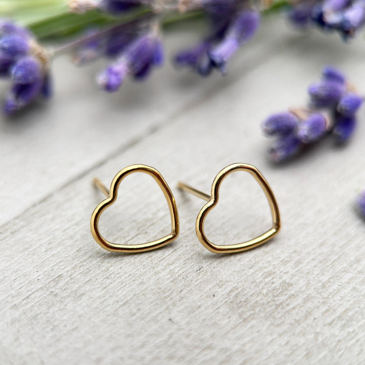 Heart Stud Earrings in 14k Yellow Gold Fill. Love Symbol Post Earrings - SunlightSilver