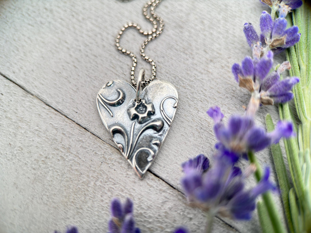 Silver Heart Necklace with Floral Design. Solid 925 Sterling Silver Pendant - SunlightSilver