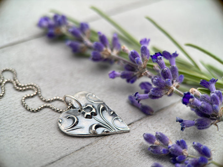 Silver Heart Necklace with Floral Design. Solid 925 Sterling Silver Pendant - SunlightSilver