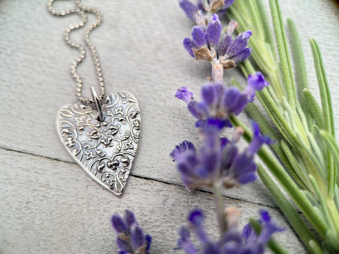 Stamped Silver Heart Pendant Necklace. Solid 925 Sterling Silver Pendant - SunlightSilver