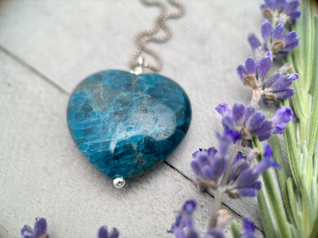 Blue Apatite Heart and Sterling Silver Necklace - SunlightSilver