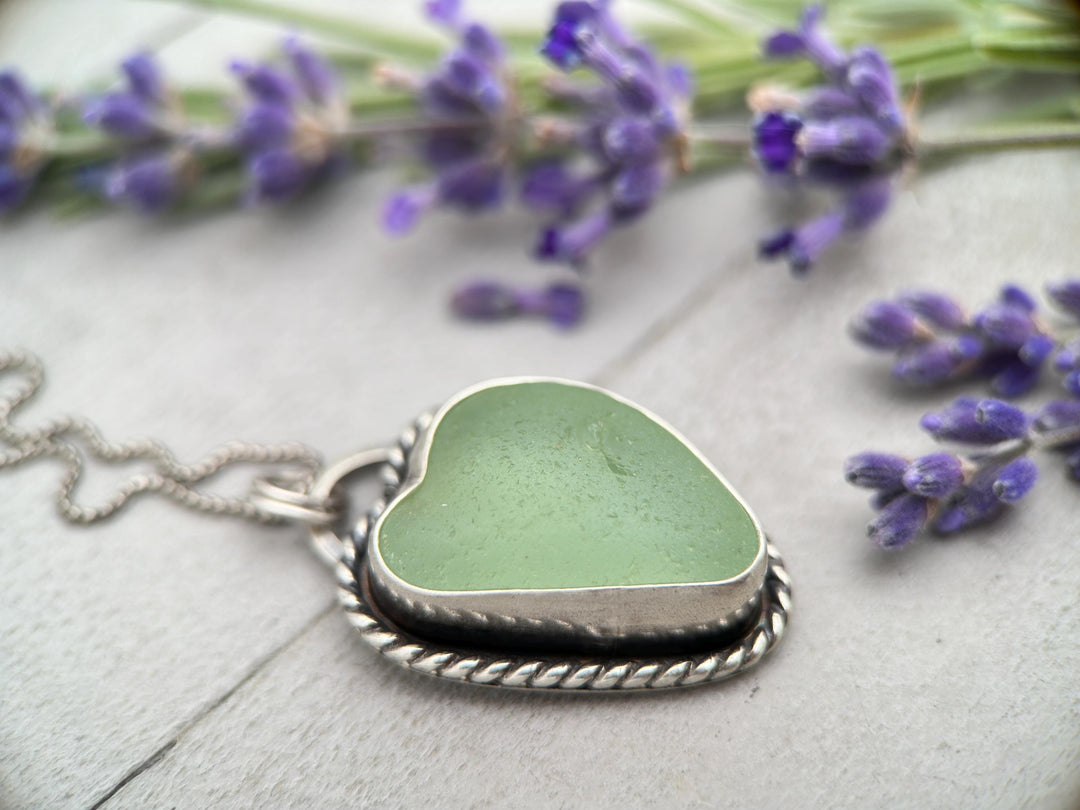 Green Sea Glass and Sterling Silver Pendant Whimsical Heart Necklace - SunlightSilver