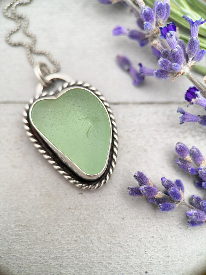 Green Sea Glass and Sterling Silver Pendant Whimsical Heart Necklace - SunlightSilver