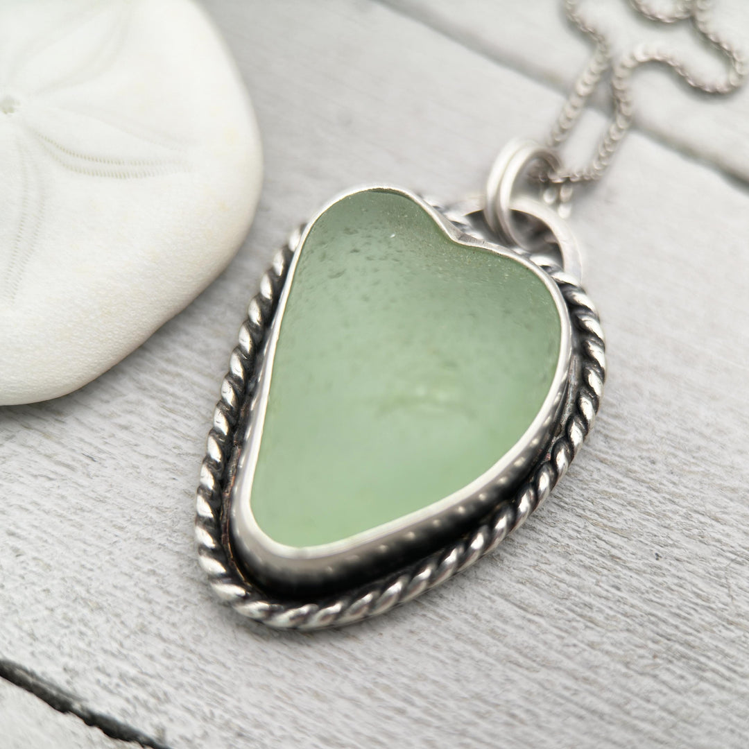 Green Sea Glass and Sterling Silver Pendant Whimsical Heart Necklace - SunlightSilver