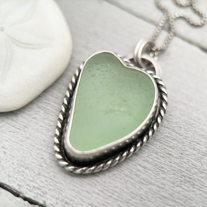 Green Sea Glass and Sterling Silver Pendant Whimsical Heart Necklace - SunlightSilver