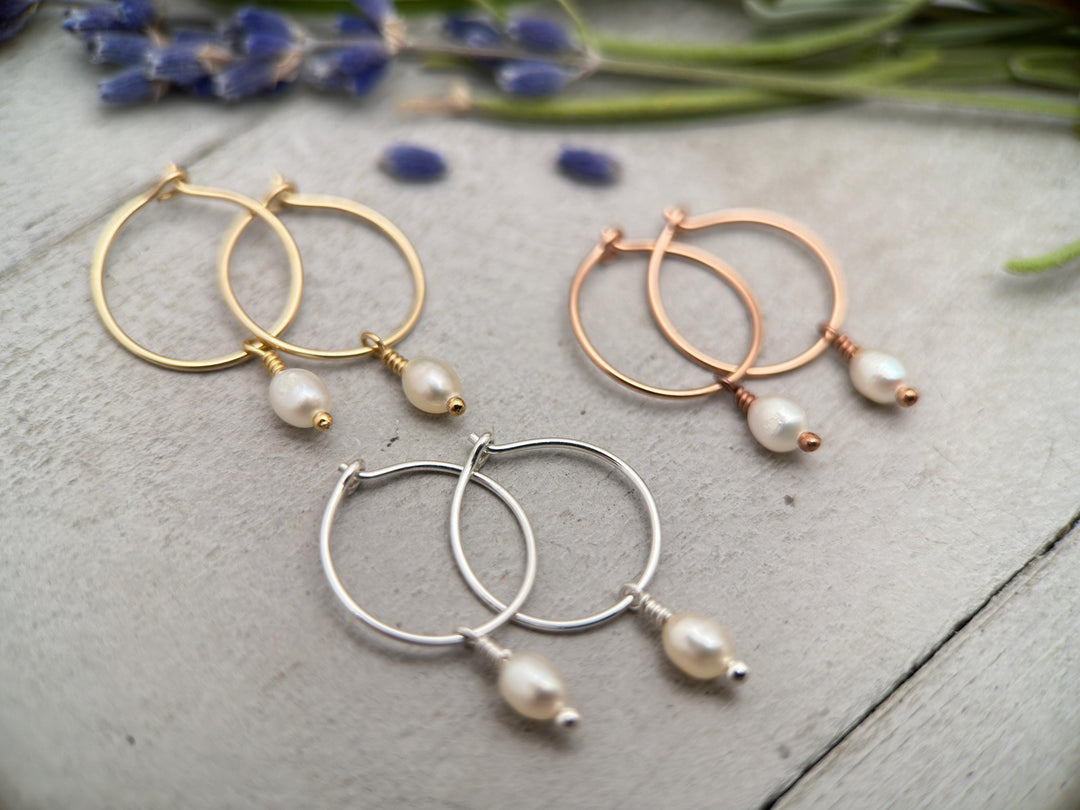 White Freshwater Pearl Charm Hoop Earrings. Available in Solid 925 Sterling Silver, 14k Yellow or Rose Gold Fill - SunlightSilver