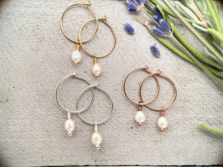 White Freshwater Pearl Charm Hoop Earrings. Available in Solid 925 Sterling Silver, 14k Yellow or Rose Gold Fill - SunlightSilver