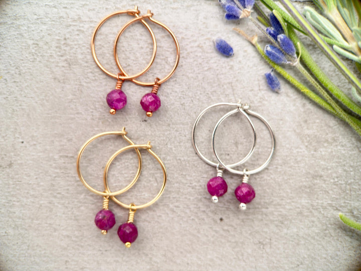 Ruby Charm Hoop Earrings. Available in Solid 925 Sterling Silver, 14k Yellow or Rose Gold Fill - SunlightSilver