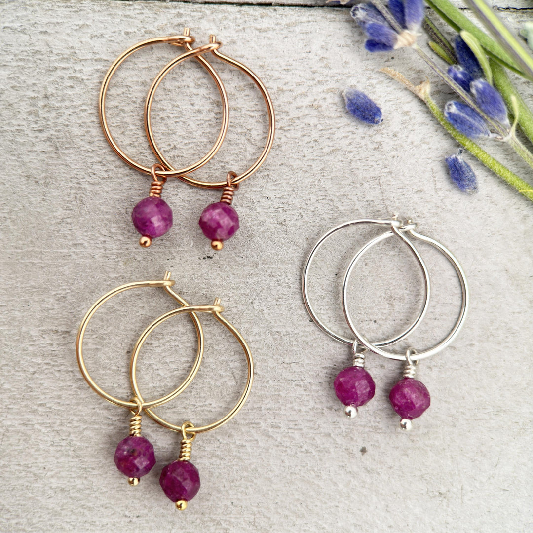 Ruby Charm Hoop Earrings. Available in Solid 925 Sterling Silver, 14k Yellow or Rose Gold Fill - SunlightSilver