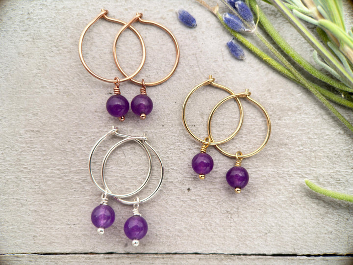 Amethyst Charm Hoop Earrings. Available in Solid 925 Sterling Silver, 14k Yellow or Rose Gold Fill - SunlightSilver