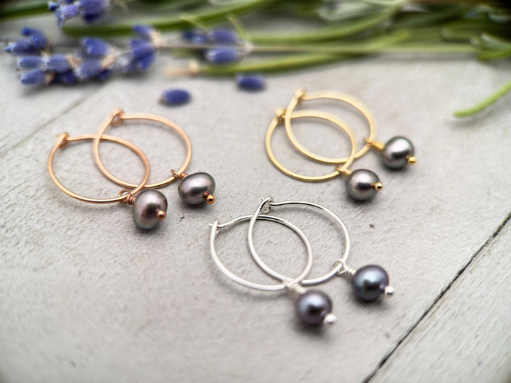 Peacock Freshwater Pearl Charm Hoop Earrings. Available in Solid 925 Sterling Silver, 14k Yellow or Rose Gold Fill - SunlightSilver