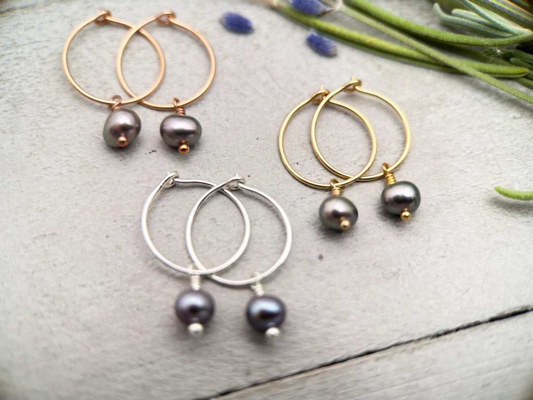 Peacock Freshwater Pearl Charm Hoop Earrings. Available in Solid 925 Sterling Silver, 14k Yellow or Rose Gold Fill - SunlightSilver