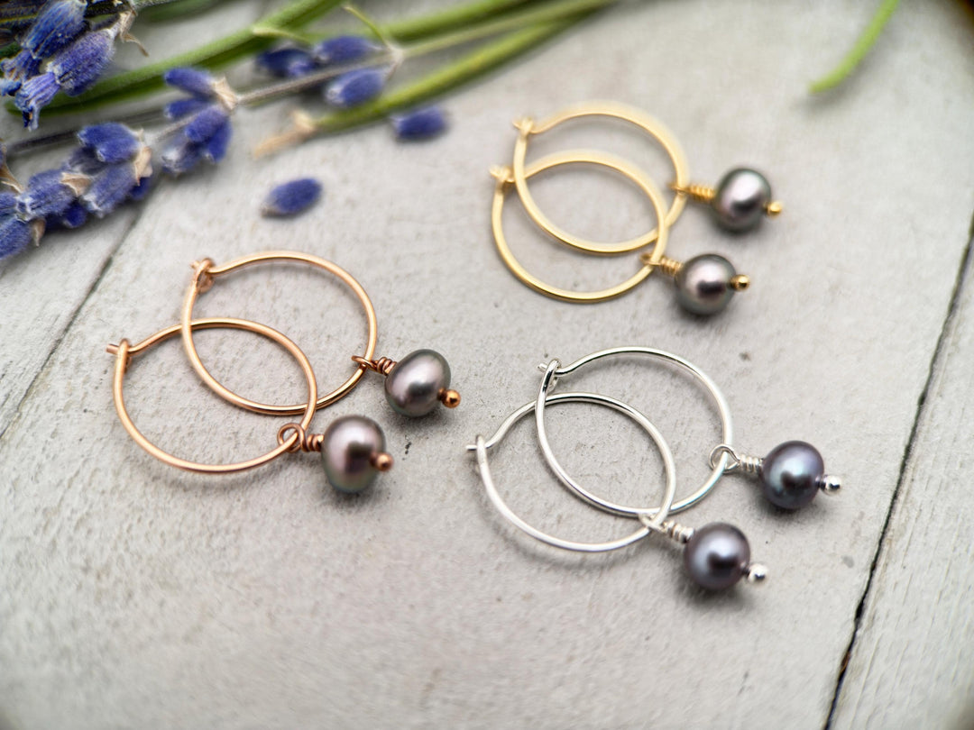 Peacock Freshwater Pearl Charm Hoop Earrings. Available in Solid 925 Sterling Silver, 14k Yellow or Rose Gold Fill - SunlightSilver