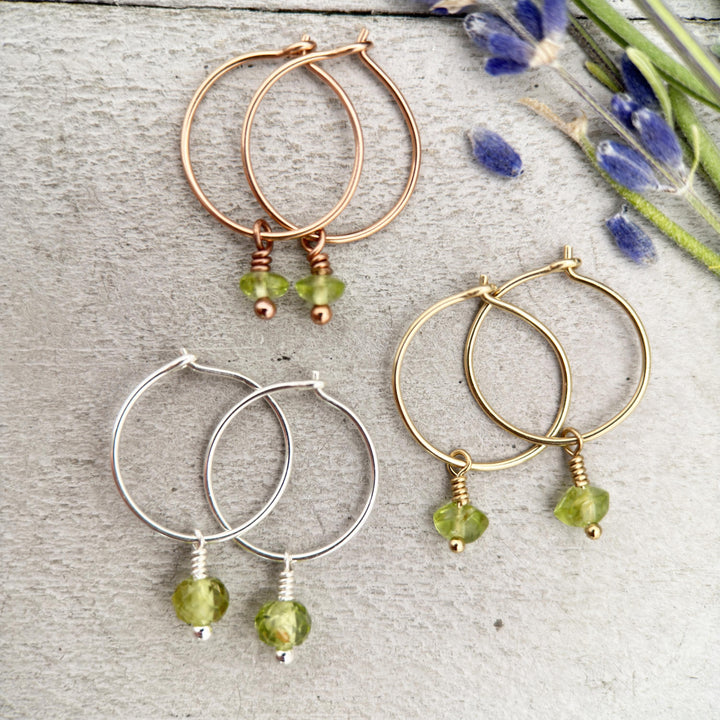 Green Peridot Charm Hoop Earrings. Available in Solid 925 Sterling Silver, 14k Yellow or Rose Gold Fill - SunlightSilver