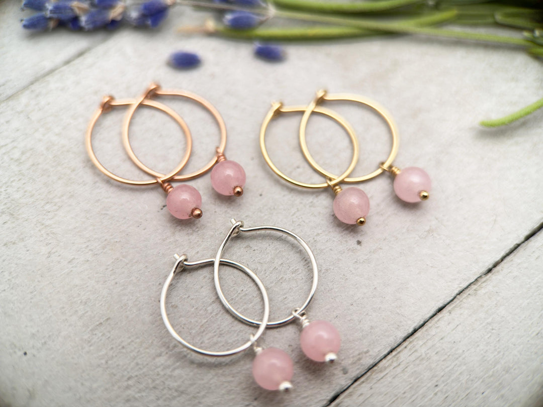 Rose Quartz Charm Hoop Earrings. Available in Solid 925 Sterling Silver, 14k Yellow or Rose Gold Fill - SunlightSilver