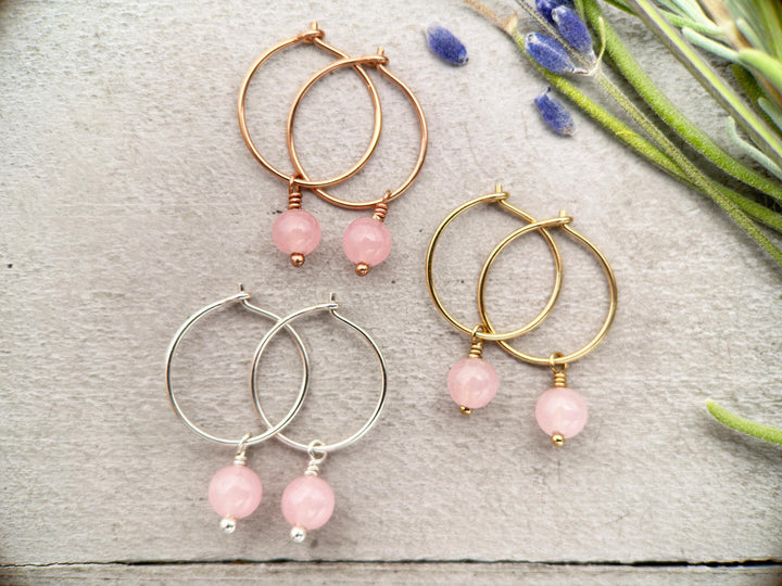 Rose Quartz Charm Hoop Earrings. Available in Solid 925 Sterling Silver, 14k Yellow or Rose Gold Fill - SunlightSilver