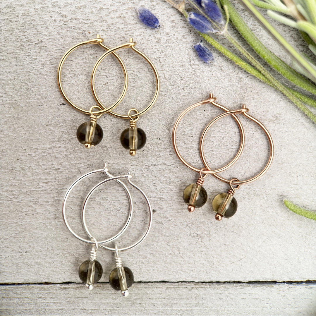 Smoky Quartz Charm Hoop Earrings. Available in Solid 925 Sterling Silver, 14k Yellow or Rose Gold Fill - SunlightSilver