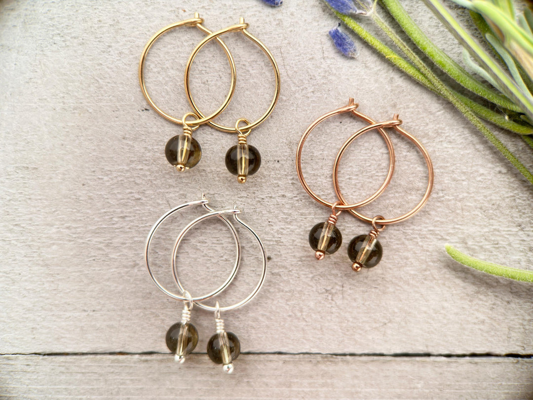 Smoky Quartz Charm Hoop Earrings. Available in Solid 925 Sterling Silver, 14k Yellow or Rose Gold Fill - SunlightSilver