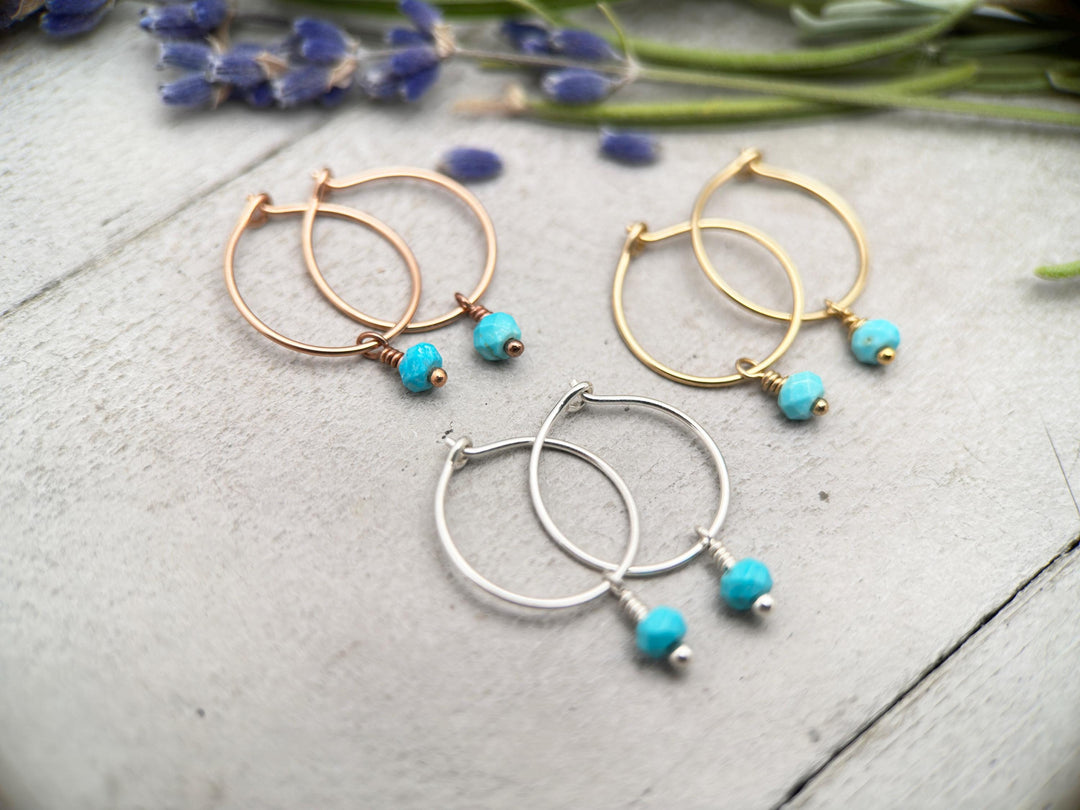 Turquoise Charm Hoop Earrings Available in Solid 925 Sterling Silver, 14k Yellow or Rose Gold Fill - SunlightSilver