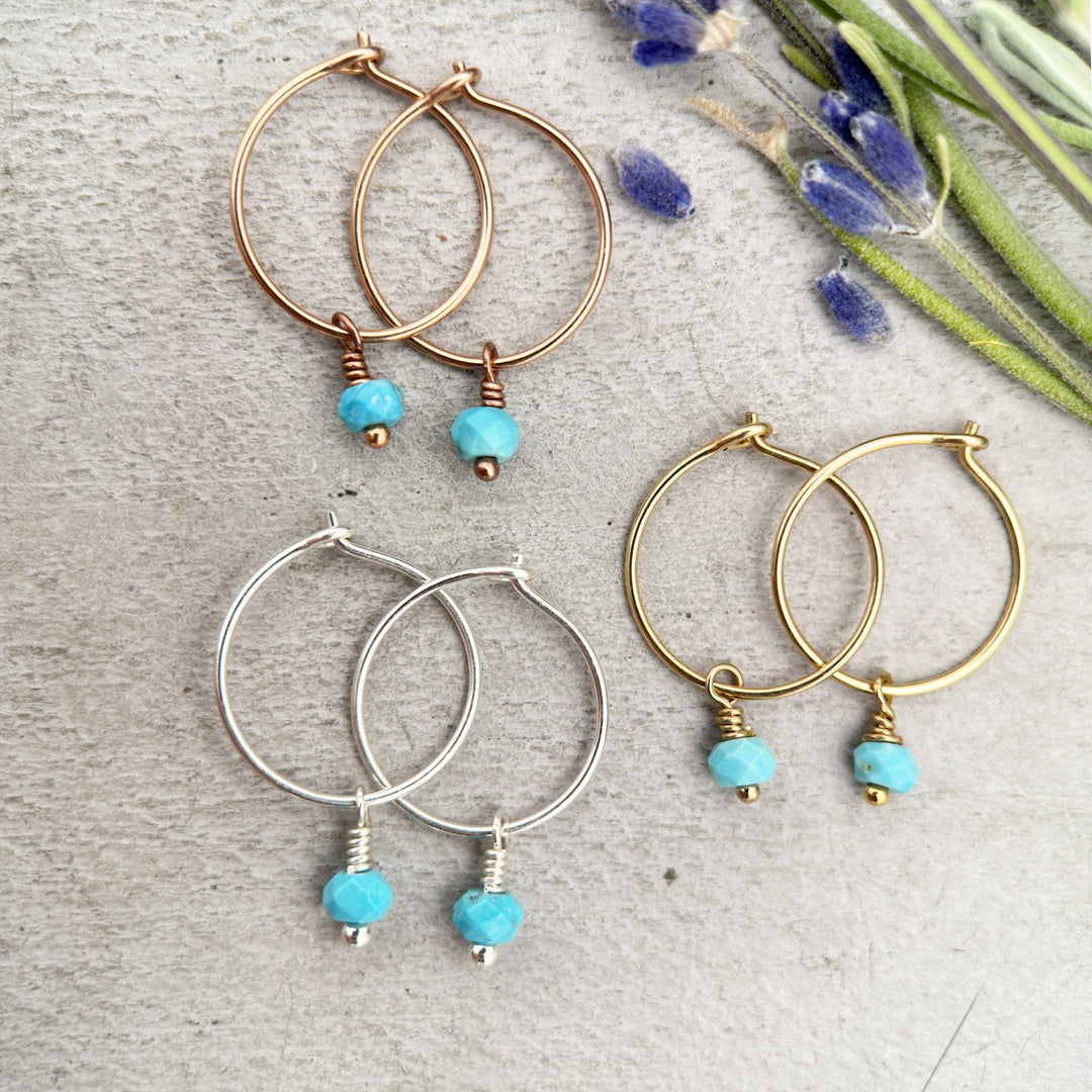 Turquoise Charm Hoop Earrings Available in Solid 925 Sterling Silver, 14k Yellow or Rose Gold Fill - SunlightSilver