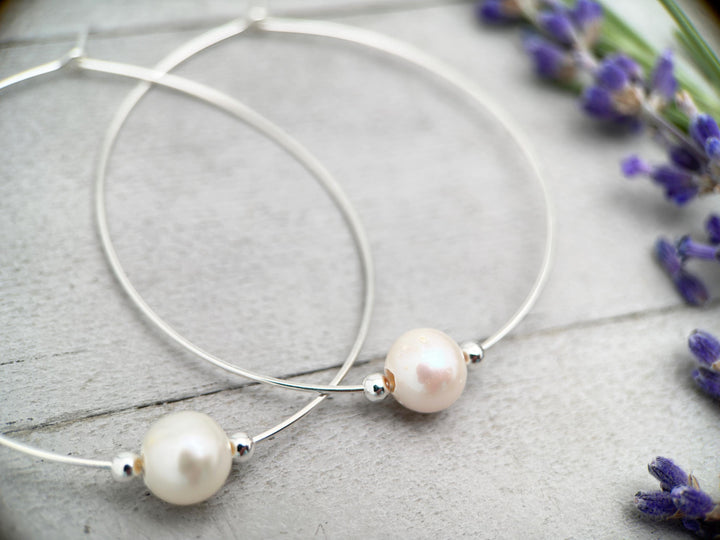 Freshwater Pearl and Sterling Silver Large Hoop Earrings - SunlightSilver