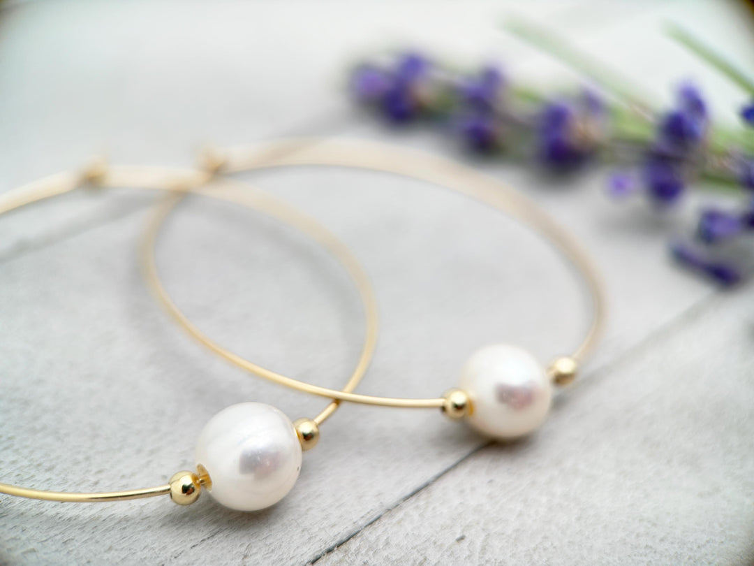 Freshwater Pearl and 14k Yellow Gold Fill Large Hoop Earrings - SunlightSilver