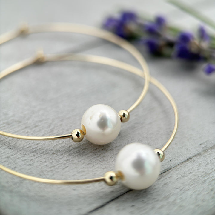 Freshwater Pearl and 14k Yellow Gold Fill Large Hoop Earrings - SunlightSilver