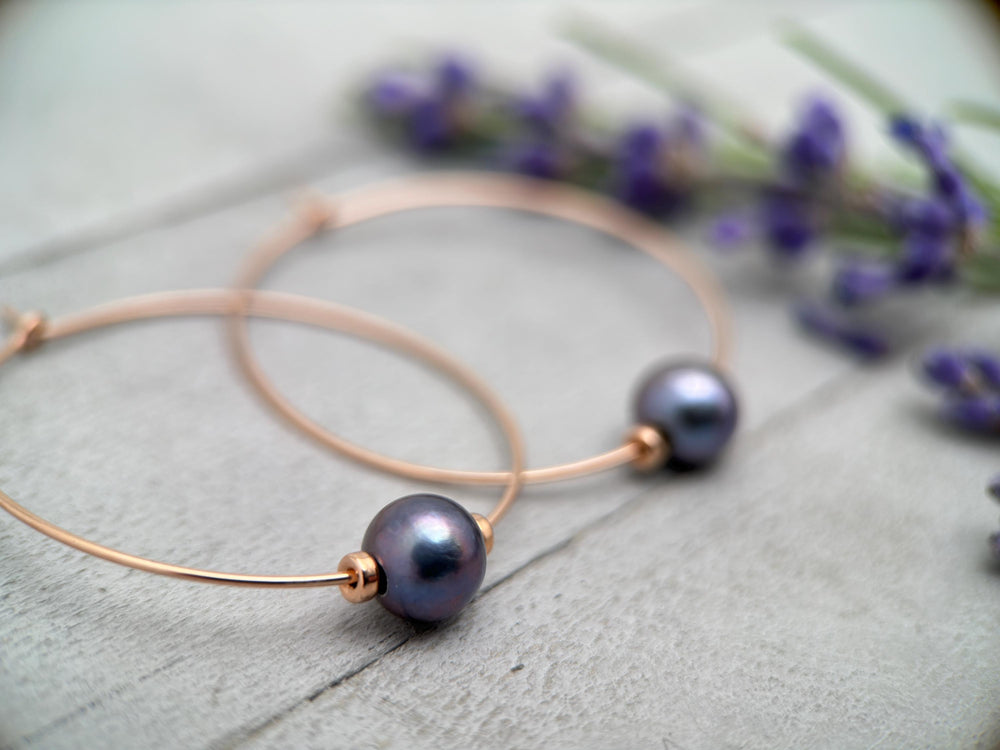 Freshwater Peacock Pearl and 14K Rose Gold Fill Hoop Earrings - SunlightSilver