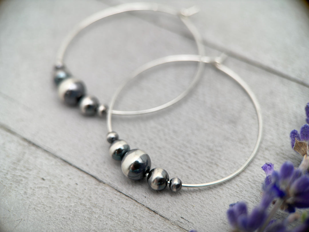 Navajo Pearl Sterling Silver Hoop Earrings 1-1/2 Inch (38mm) - SunlightSilver