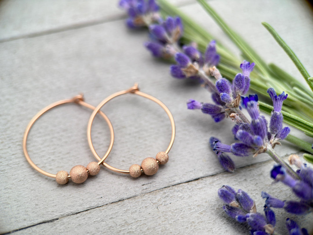 14k Rose Gold Fill Hoop Earrings with 3 Beads - Small 3/4 inch (20mm) in size - Stardust and Shiny Finish - SunlightSilver