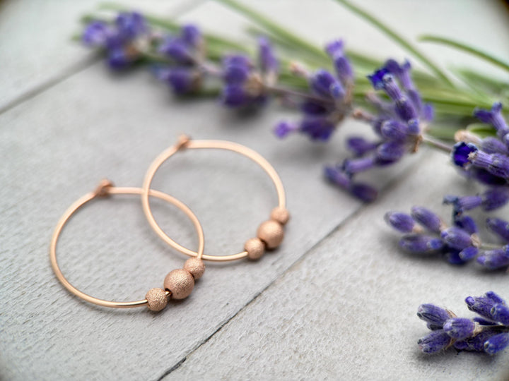 14k Rose Gold Fill Hoop Earrings with 3 Stardust Beads - 3/4 inch (20mm) in size - SunlightSilver