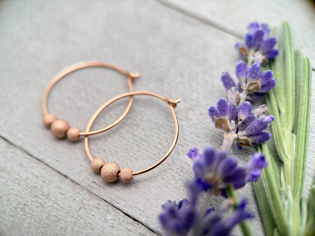 14k Rose Gold Fill Hoop Earrings with 3 Stardust Beads - 3/4 inch (20mm) in size - SunlightSilver