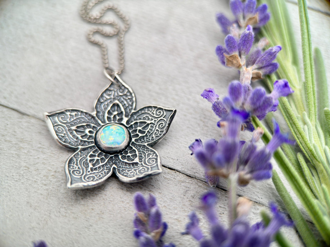 Opal and Sterling Silver Flower Necklace - SunlightSilver