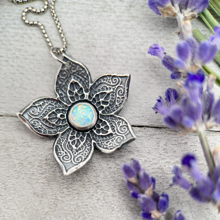 Opal and Sterling Silver Flower Necklace - SunlightSilver