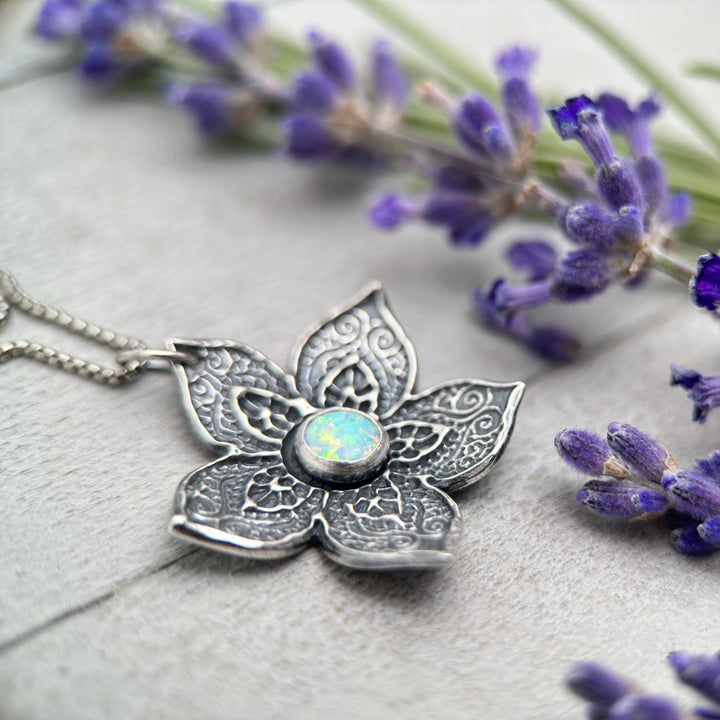 Opal and Sterling Silver Flower Necklace - SunlightSilver