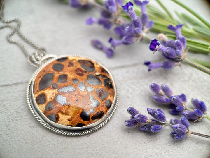 Bauxite and Sterling Silver Pendant Necklace. Animal Print Stone - SunlightSilver