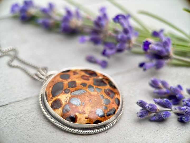 Bauxite and Sterling Silver Pendant Necklace. Animal Print Stone - SunlightSilver