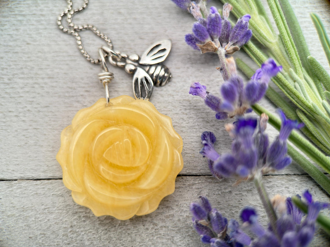 Carved Yellow Jade Flower and Sterling Silver Bee Charm Necklace - SunlightSilver