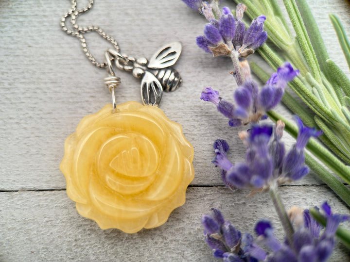 Carved Yellow Jade Flower and Sterling Silver Bee Charm Necklace - SunlightSilver