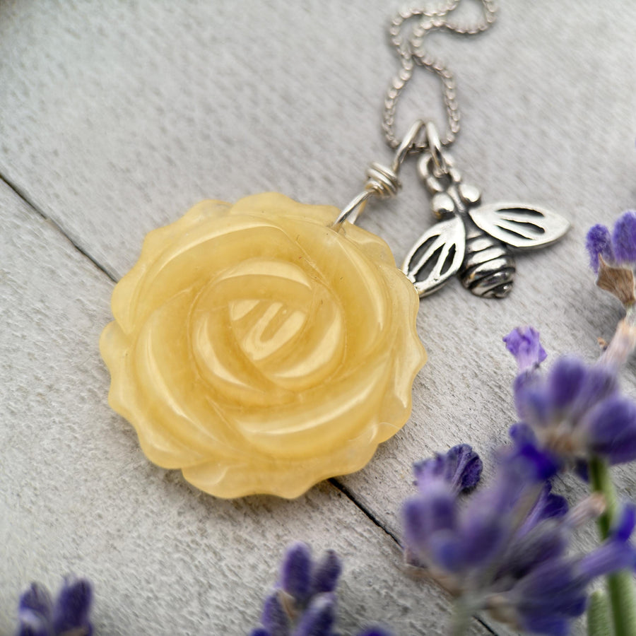 Carved Yellow Jade Flower and Sterling Silver Bee Charm Necklace - SunlightSilver