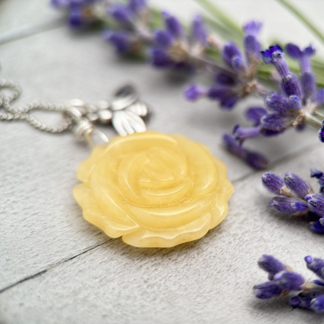 Carved Yellow Jade Flower and Sterling Silver Bee Charm Necklace - SunlightSilver