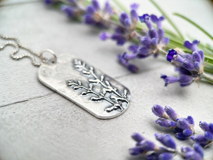 Lavender Pendant of Solid 925 Sterling Silver. Beautiful Stamped Lavender Pattern. Your choice A, B, or C - SunlightSilver