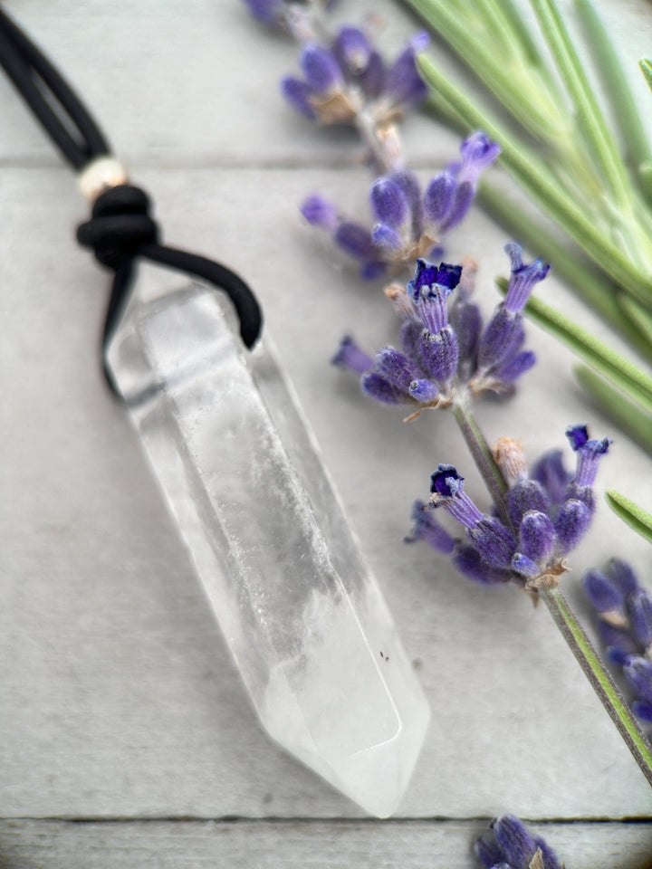 Crystal Quartz Point Pendant Leather Necklace - SunlightSilver