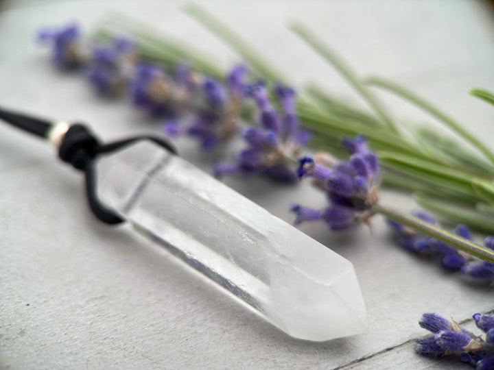 Crystal Quartz Point Pendant Leather Necklace - SunlightSilver