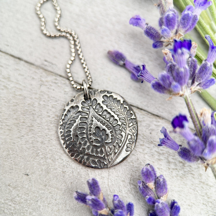 Silver Paisley Charm Necklace. Solid 925 Sterling Silver and .999 Fine Silver Necklace - SunlightSilver