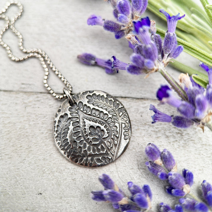 Silver Paisley Charm Necklace. Solid 925 Sterling Silver and .999 Fine Silver Necklace - SunlightSilver