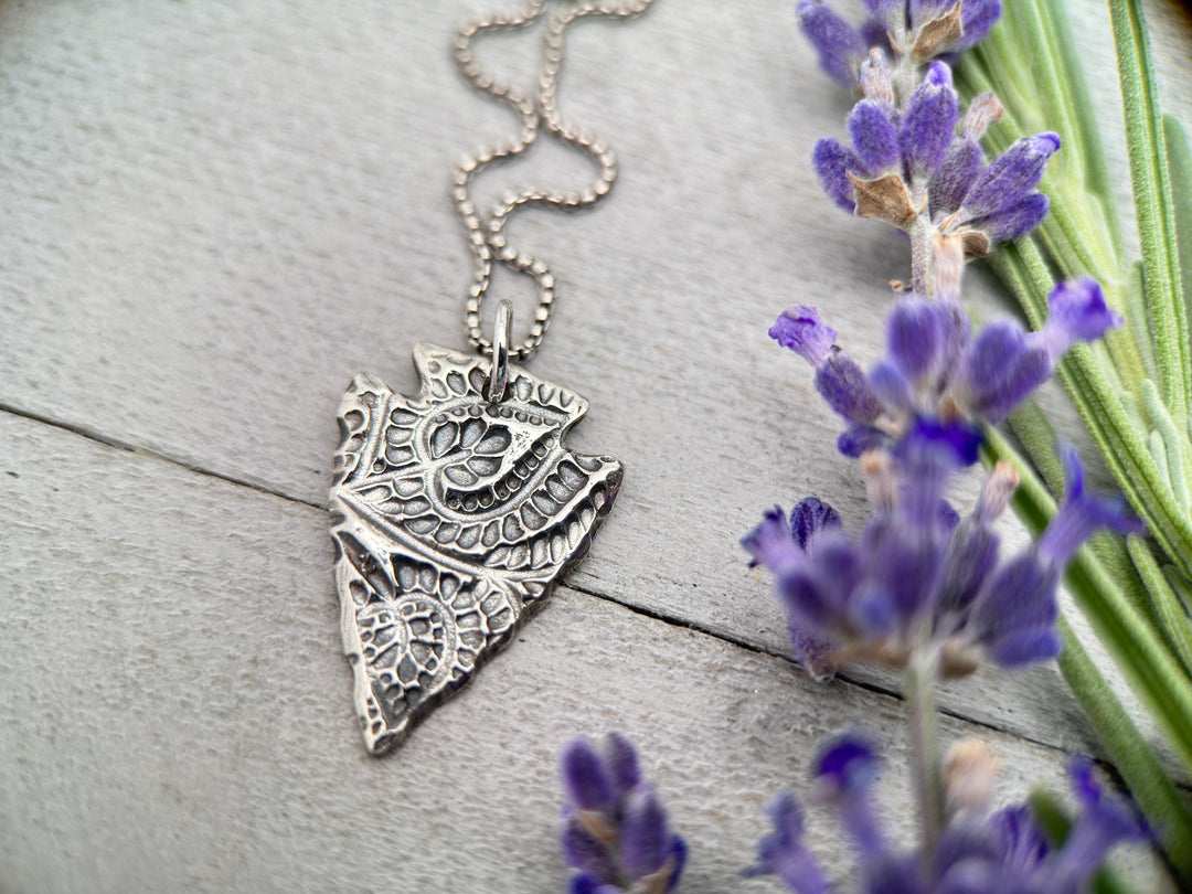 Silver Arrowhead Necklace with Paisley Design. Solid 925 Sterling Silver Pendant with Beautiful Stamped Bohemian Paisley Pattern. Southwest - SunlightSilver