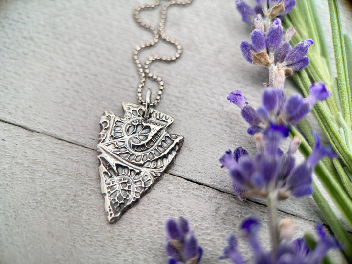 Silver Arrowhead Necklace with Paisley Design. Solid 925 Sterling Silver Pendant with Beautiful Stamped Bohemian Paisley Pattern. Southwest - SunlightSilver