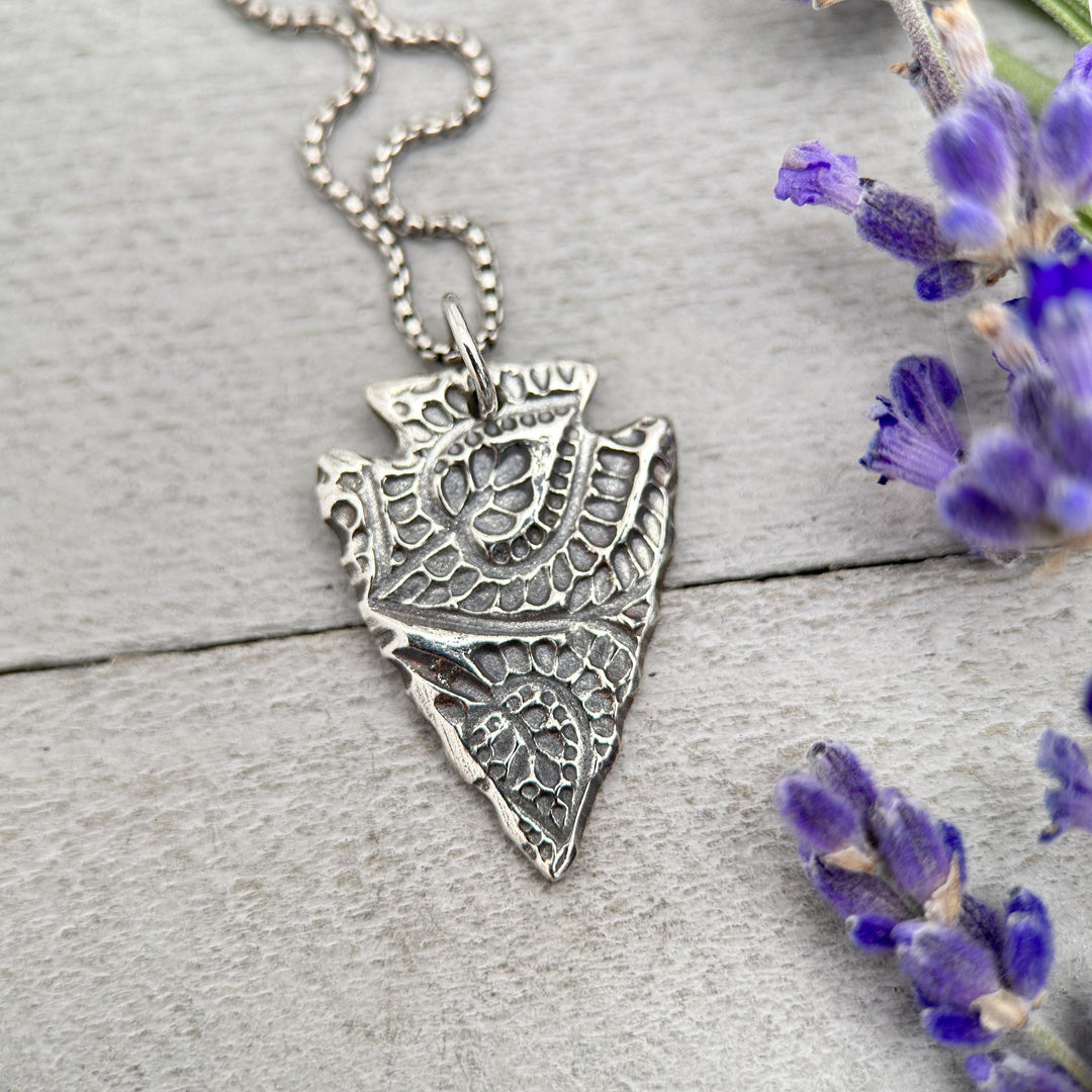 Small Sterling Silver Arrowhead Pendant – Hand Stamped Paisley Boho Silver Charm – Protective Amulet – Gift for Her or Him - SunlightSilver