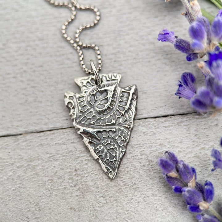 Small Sterling Silver Arrowhead Pendant – Hand Stamped Paisley Boho Silver Charm – Protective Amulet – Gift for Her or Him - SunlightSilver